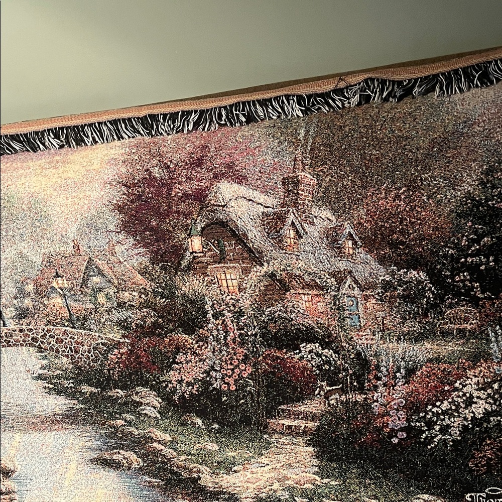 😄Vintage Thomas Kinkade tapestry blanket lamplight bridge 100% cotton